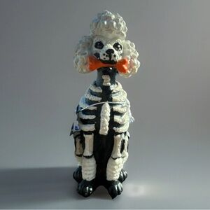 Skeleton Poodle Figurine with Orange Bow